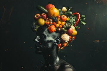 Behold, a human figure sculpted from an assortment of colorful fruits and vegetables, symbolizing the harmony between nutrition and artistic expression.