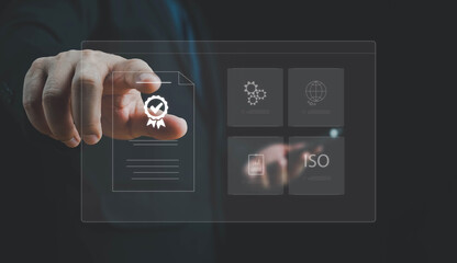 ISO standards quality control, assurance and warranty business technology concept. Touching on...