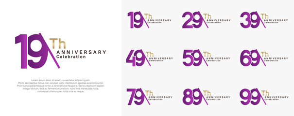 anniversary logotype vector set. purple and gold color with slash for celebration day