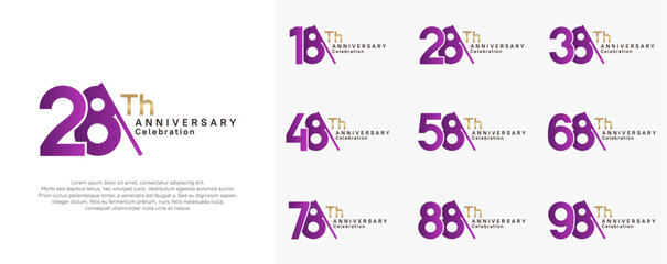 anniversary logotype vector set. purple and gold color with slash for celebration day