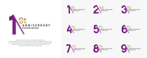 anniversary logotype vector set. purple and gold color with slash for celebration day