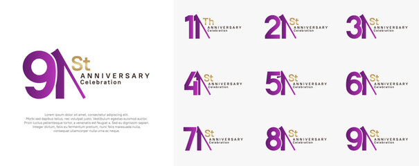 anniversary logotype vector set. purple and gold color with slash for celebration day