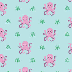  Seamless pattern with octopuses and algae. Vector illustration.