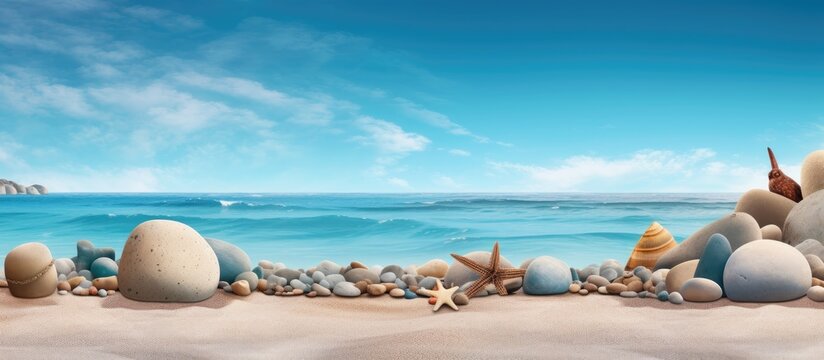 This painting depicts various seashells and rocks scattered along the shore of a beach. The artist captures the textures and colors of these natural elements in a realistic style.