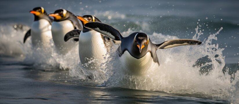 A group of penguins, including a pair of king penguins and a Gentoo penguin, are joyfully splashing in the water. The penguins are diving into the waves, creating playful splashes as they swim around.