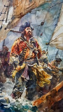 Exciting Pirate Adventure on a Ship at Sea in Watercolor Style