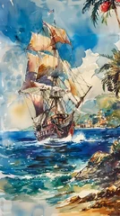 Fototapeten Watercolor Pirate Ship Sailing on the Ocean © PorchzStudio