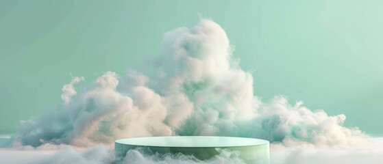 Circular platform amidst the clouds. Ethereal dreamscape of a podium, stage, meditative space.