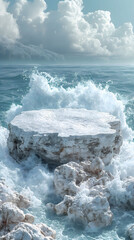 rock podium on sea shore crashing waves with beach themed background