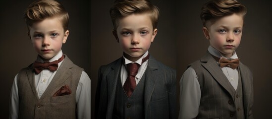 A young boy, charming in his dapper suit and bow tie, poses for captivating portraits showcasing his stylish attire and gentlemanly demeanor. - obrazy, fototapety, plakaty