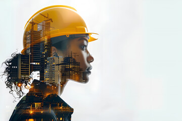 Collage silhouette of a woman in profile in a yellow helmet, in a silhouette image of buildings under construction, on a white background. Generative AI