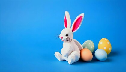 Easter greeting card, Easter bunny on a blue background created with generative ai.