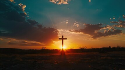 Silhouette of Cross with Background of Warm Sunrise - obrazy, fototapety, plakaty