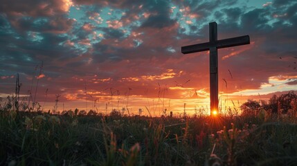 Silhouette of Cross with Background of Warm Sunrise