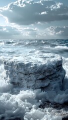 rock podium on sea shore crashing waves with beach themed background