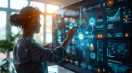 Digital transformation concept. System engineering. Binary code. Programming.  business touching a big screen in a bright office with floating icons around and charts to imagine digital transformation - Powered by Adobe