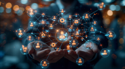Business network concept. Management strategy. Human resources.a businessman with floating business icons around around is hands