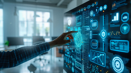 System engineering. Binary code. Programming. a person touching a big screen in a bright office with floating icons around and charts to imagine digital transformation