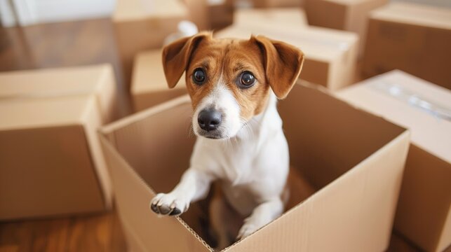 Photo of pedigree cute dog poses on pile of cardboard boxes, relocate in new flat