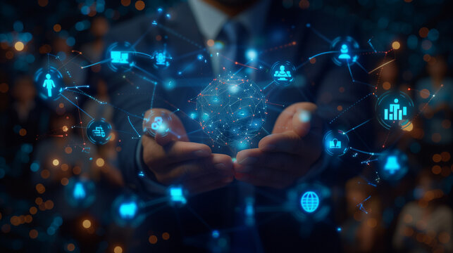 Business network concept. Management strategy. Human resources. a double-exposure of a businessman with floating business icons around is hands