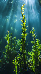 Swamp underwater scene with plant and fishes