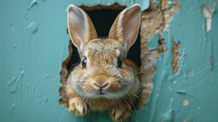 Fototapeta na wymiar Easter bunny poster peeking out of a hole in the wall with copy space, rabbit jumps out of a torn hole