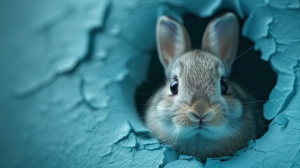 Easter bunny poster peeking out of a hole in the wall with copy space, rabbit jumps out of a torn...