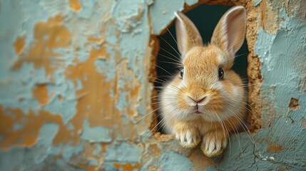 Easter bunny poster peeking out of a hole in the wall with copy space, rabbit jumps out of a torn...