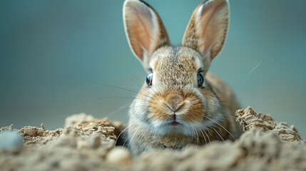 Fototapeta premium Easter bunny poster peeking out of a hole in the wall with copy space, rabbit jumps out of a torn hole