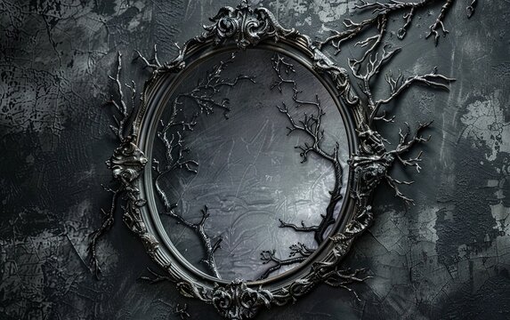 Frame photo mirror gothic dark forest grunge wall. Halloween theme. copy text space.