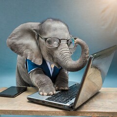 um filhote de elefante usando culos realizando negcios com um laptop e celular