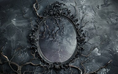 Frame photo mirror gothic dark forest grunge wall. Halloween theme. copy text space.
