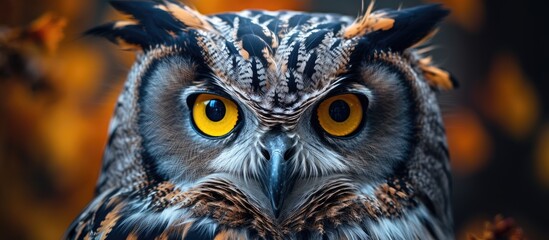 In this close-up shot, an owl with striking yellow eyes stares directly at the camera. The intricate details of its feathers and piercing gaze are mesmerizing.