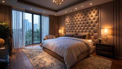 Contemporary bedroom with a statement headboard, ambient lighting, and a monochromatic color scheme