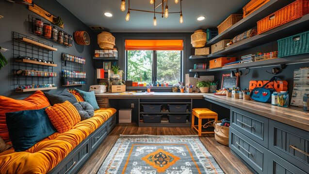 Contemporary craft room with organized storage, a large worktable, and vibrant accents - Powered by Adobe