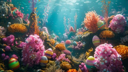 Fototapeta premium Easter Fantasy Underwater Wonderland with Colorful Coral Reefs and Painted Eggs