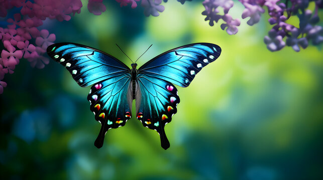 Stunning Close-up Capture of Vibrant Blue Butterfly in Mid-flight Against a Serene Green Background