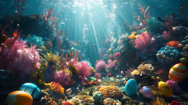 Easter Fantasy Underwater Wonderland with Colorful Coral Reefs and Painted Eggs