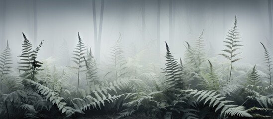A dense forest of intricate ferns dominates the scene, standing out starkly against a silver backdrop. The ferns create a captivating pattern with their delicate fronds reaching outward.