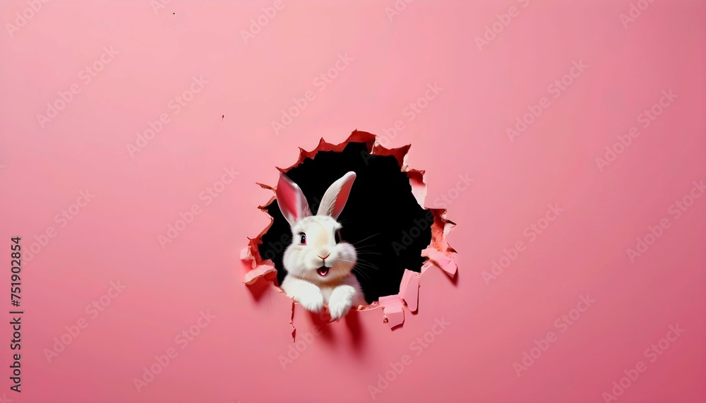 Sticker easter bunny poster peeking out of a hole in the pink wall with copy space, rabbit jumps out of a to