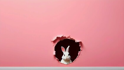 Easter bunny poster peeking out of a hole in the pink wall with copy space, rabbit jumps out of a torn hole created with generative ai	