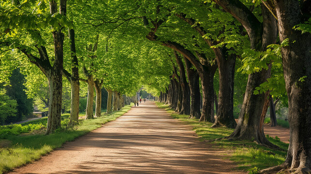 Picture a scene where the path is flanked by trees covered in vibrant new leaves, with travelers moving along the route