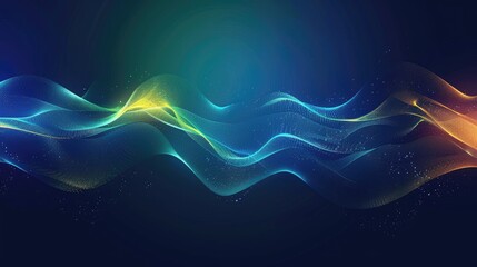 Abstract glowing waveform lines on a dark blue, yellow, orange, green, and blue background. Geometric line art design. modern shiny blue lines future technology concept