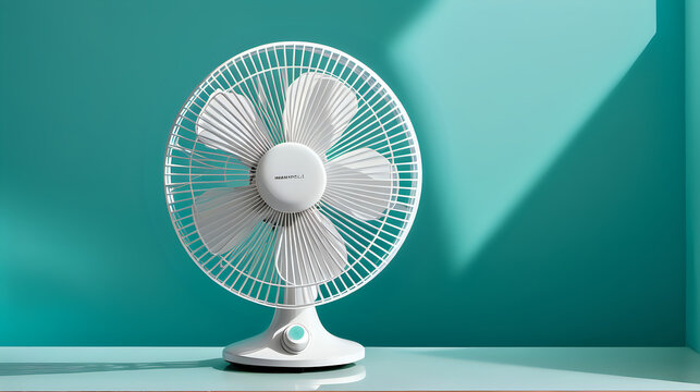 a modern, white electric table fan with five blades and a protective wire grill, set against a contrasting teal background with a light shadow indicating the fan's placement on a flat surface