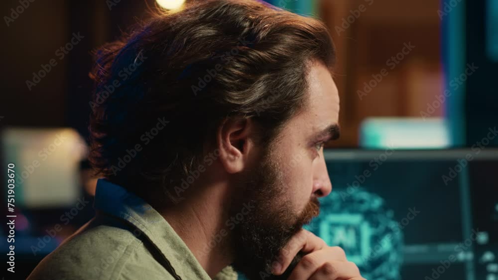 Poster developer having complex emotions while updating artificial intelligence machine learning algorithm.