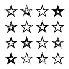 Vintage stars with cracks and stains. Old hand-drawn sign, black simple shape. Retro design element with distressed effect, grunge texture. Vector illustration