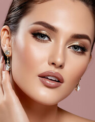 Beautiful face of young white woman with perfect skin face. Advertisement a cosmetics such as lipstick, cream or powder applied to the face, used to enhance or alter the appearance. 3D illustration
