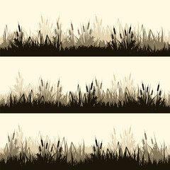 Meadow silhouettes with grass, plants on plain. Panoramic summer lawn landscape with herbs, various weeds. Herbal border, frame. Nature background. Brown horizontal banner. Vector illustration