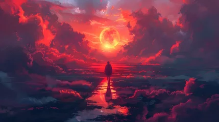 Tuinposter A silhouette of a person stands facing a dramatic, apocalyptic red sunset over a reflective water surface, amidst a tumultuous sky. digital art style, illustration painting. © Sak