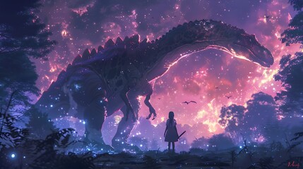 In a surreal, cosmic forest, a brave girl stands facing an enormous dinosaur under a sky swirling with pink nebulae and stars. digital art style, illustration painting.